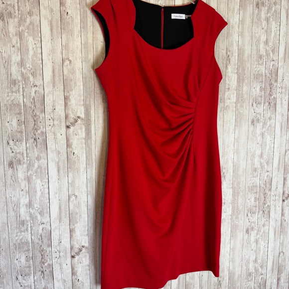 Calvin Klein Red Sunburst-Ruched Sheath Dress 14 - Picture 2 of 5